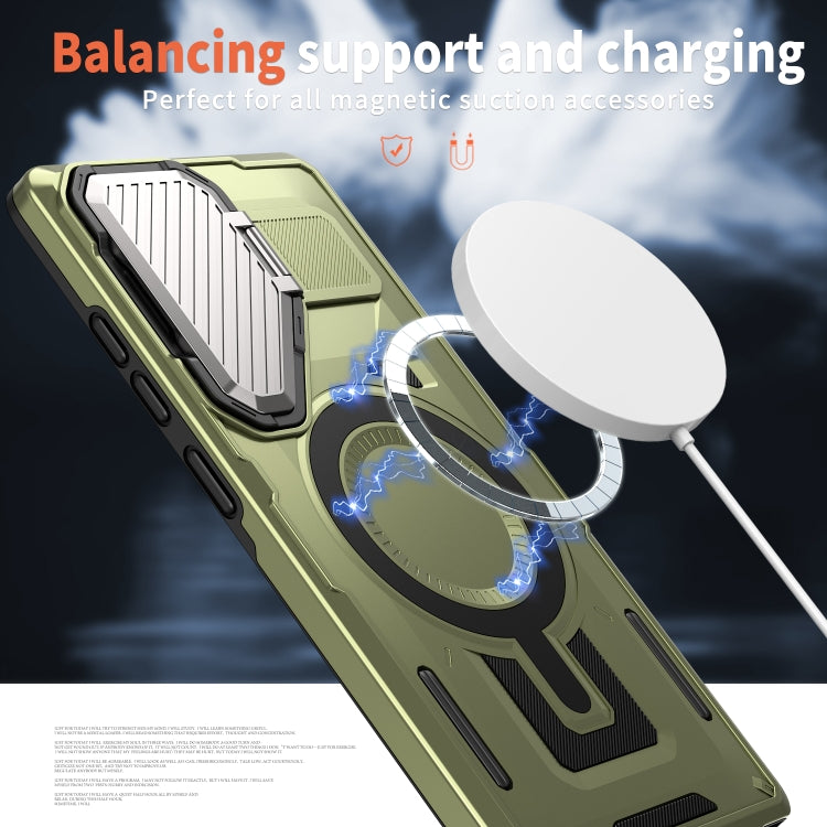 For Samsung Galaxy S25+ 5G Shield Frame Holder MagSafe Phone Case(Olive Green)