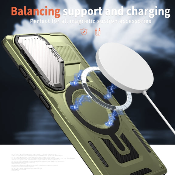 For Samsung Galaxy S25+ 5G Shield Frame Holder MagSafe Phone Case(Olive Green)