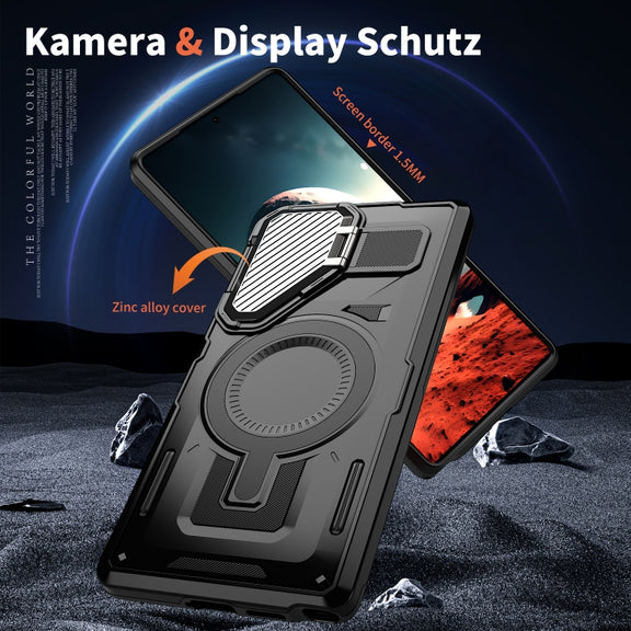 For Samsung Galaxy S25+ 5G Shield Frame Holder MagSafe Phone Case(Black)