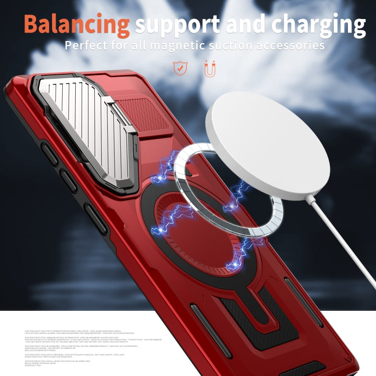 For Samsung Galaxy S25+ 5G Shield Frame Holder MagSafe Phone Case(Red)
