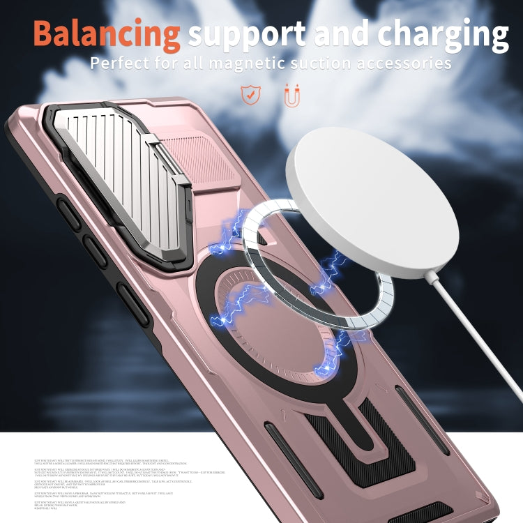 For Samsung Galaxy S25+ 5G Shield Frame Holder MagSafe Phone Case(Rose Gold)