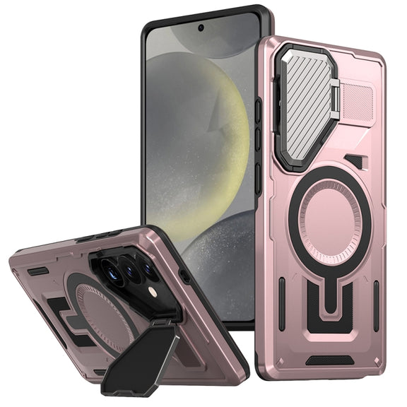 For Samsung Galaxy S25+ 5G Shield Frame Holder MagSafe Phone Case(Rose Gold)