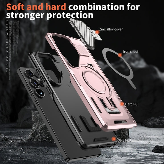 For Samsung Galaxy S25+ 5G Shield Frame Holder MagSafe Phone Case(Rose Gold)