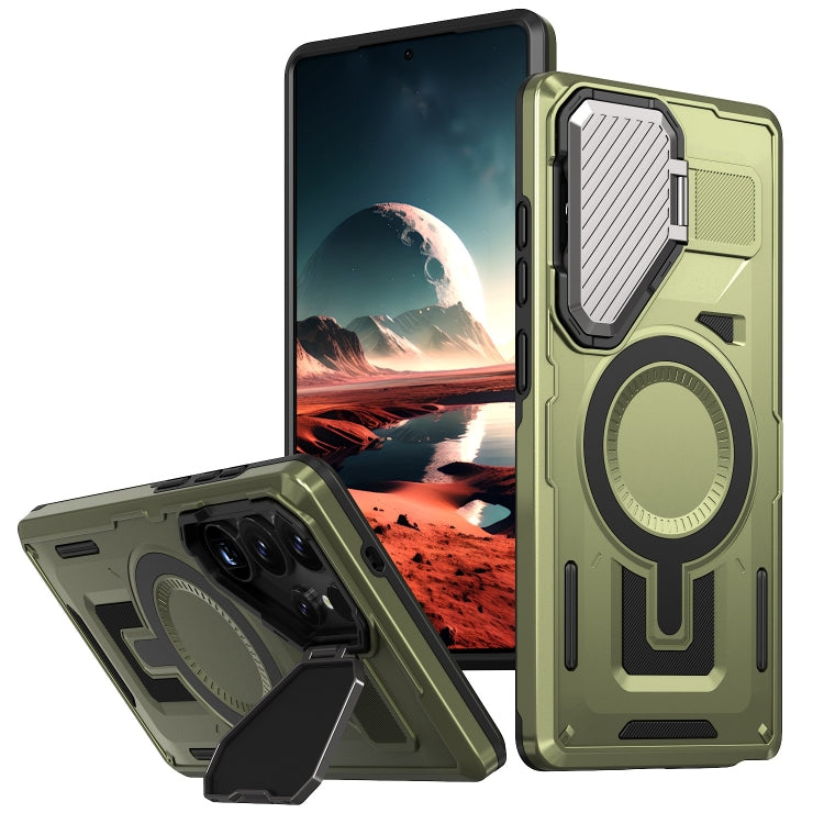 For Samsung Galaxy S25 Ultra 5G Shield Frame Holder MagSafe Phone Case(Olive Green)