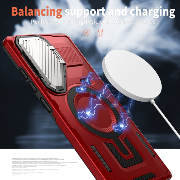 For Samsung Galaxy S25 Ultra 5G Shield Frame Holder MagSafe Phone Case(Red)