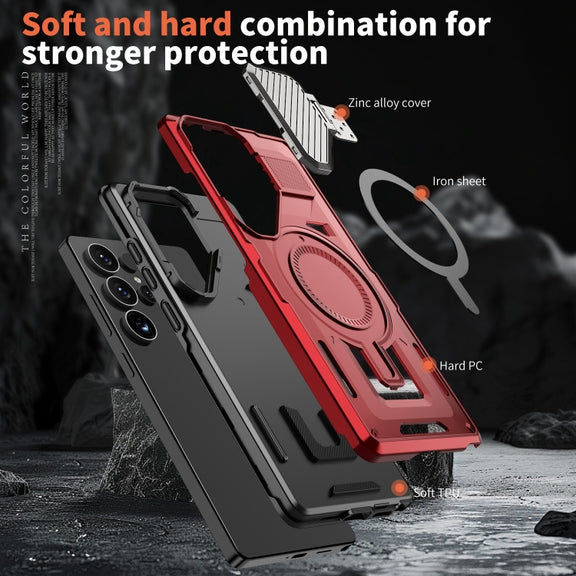 For Samsung Galaxy S25 Ultra 5G Shield Frame Holder MagSafe Phone Case(Red)
