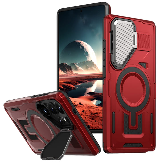 For Samsung Galaxy S25 Ultra 5G Shield Frame Holder MagSafe Phone Case(Red)