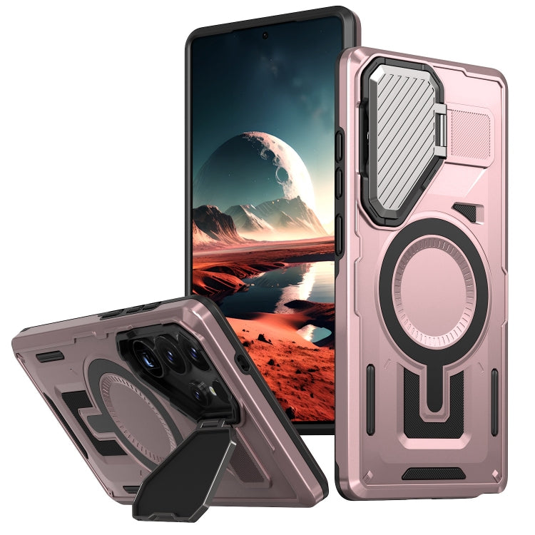 For Samsung Galaxy S25 Ultra 5G Shield Frame Holder MagSafe Phone Case(Rose Gold)
