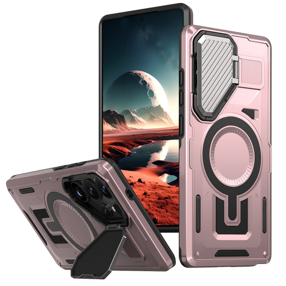 For Samsung Galaxy S25 Ultra 5G Shield Frame Holder MagSafe Phone Case(Rose Gold)