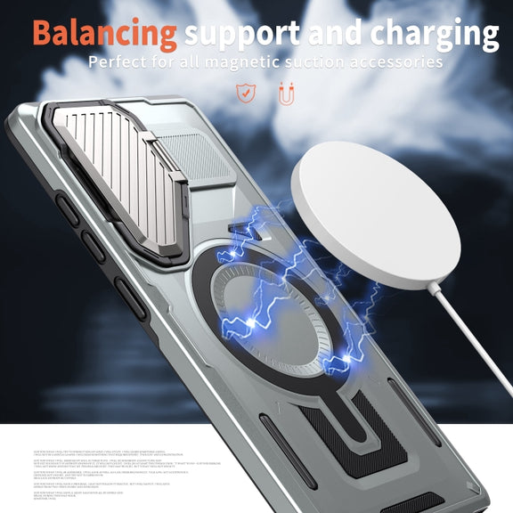 For Samsung Galaxy S25 Ultra 5G Shield Frame Holder MagSafe Phone Case(Grey)