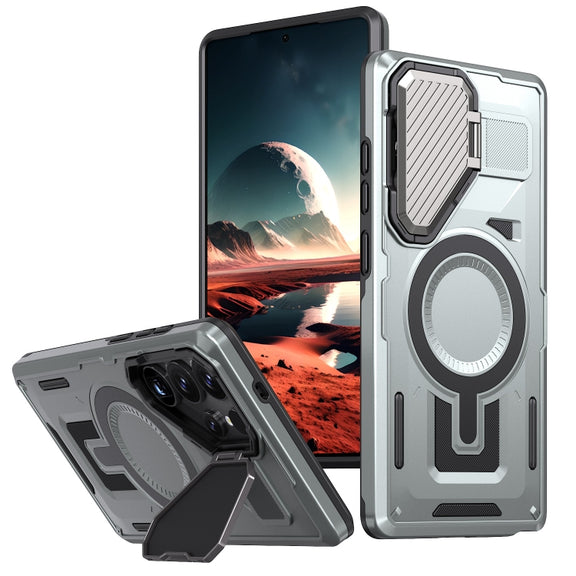 For Samsung Galaxy S25 Ultra 5G Shield Frame Holder MagSafe Phone Case(Grey)