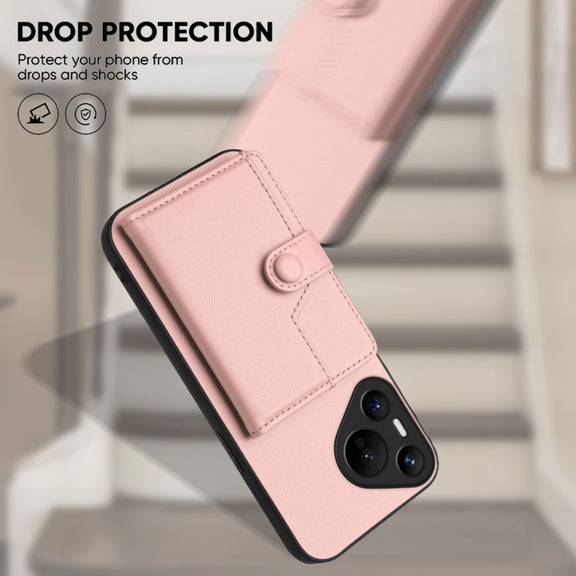 For Huawei Pura 70 Button Card Bag RFID Anti-theft Phone Case(Pink)