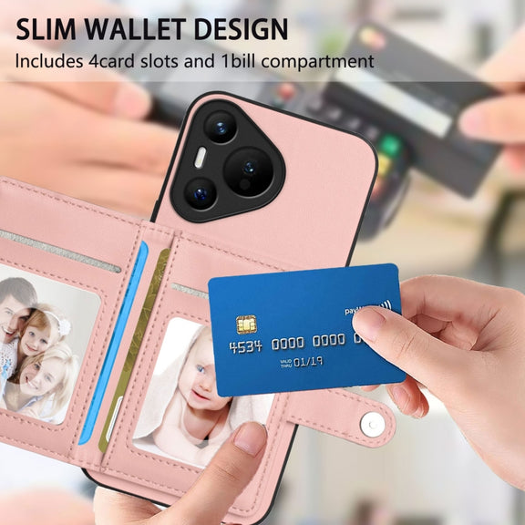 For Huawei Pura 70 Button Card Bag RFID Anti-theft Phone Case(Pink)