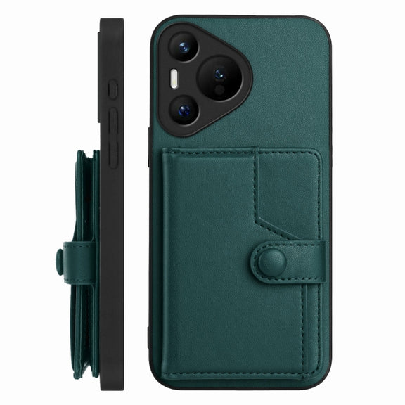 For Huawei Pura 70 Button Card Bag RFID Anti-theft Phone Case(Green)