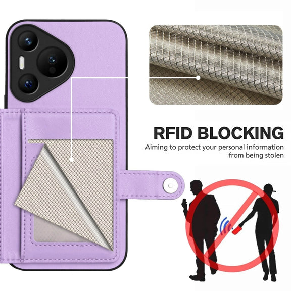 For Huawei Pura 70 Button Card Bag RFID Anti-theft Phone Case(Purple)
