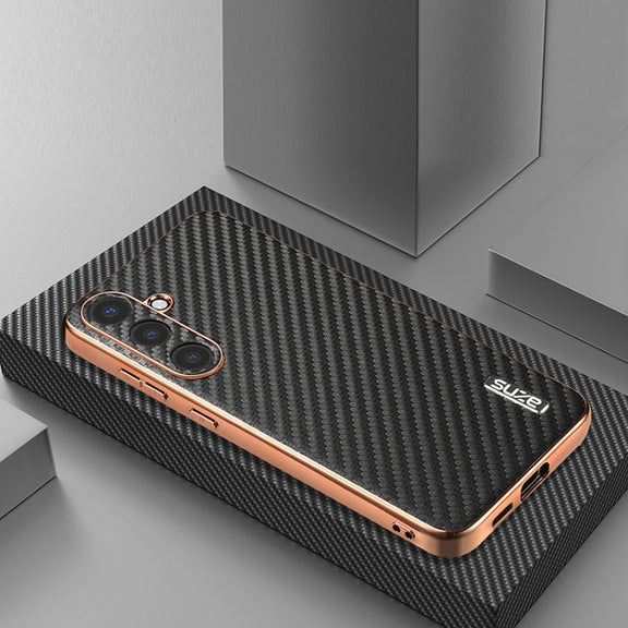For Samsung Galaxy S25 5G AZNS Electroplated Edge Carbon Fiber Texture Phone Case(Black)