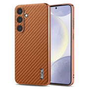 For Samsung Galaxy S25 5G AZNS Electroplated Edge Carbon Fiber Texture Phone Case(Brown)
