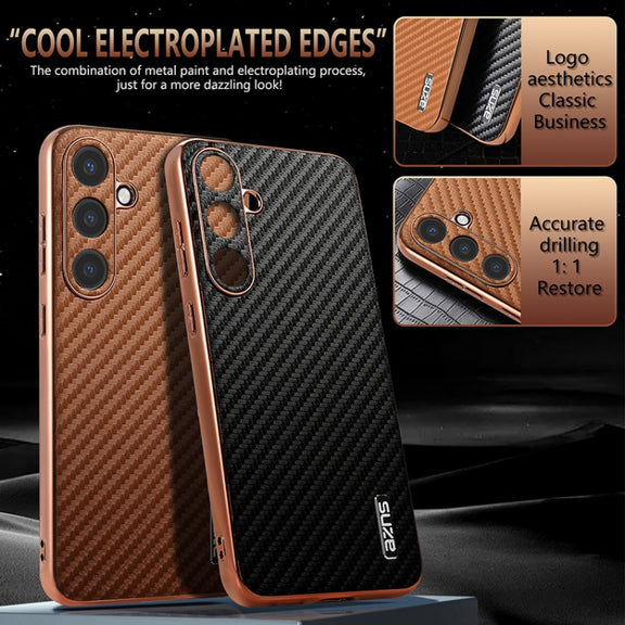 For Samsung Galaxy S25 5G AZNS Electroplated Edge Carbon Fiber Texture Phone Case(Brown)