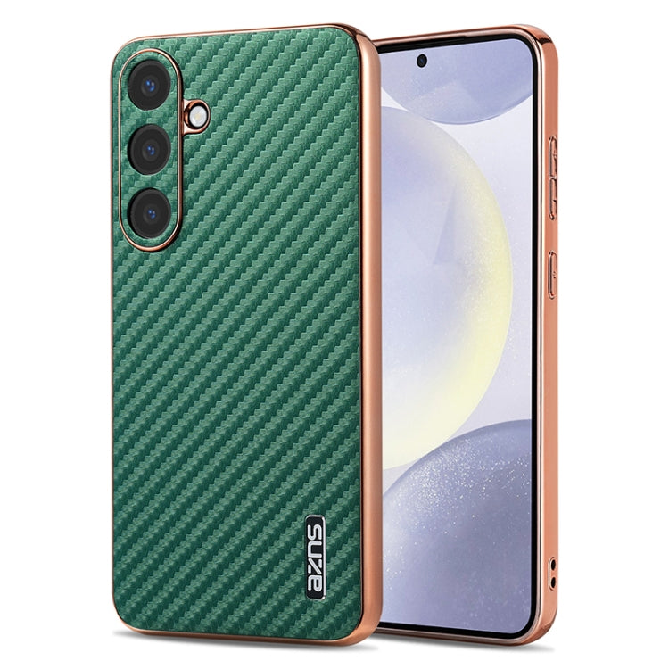 For Samsung Galaxy S25 5G AZNS Electroplated Edge Carbon Fiber Texture Phone Case(Green)