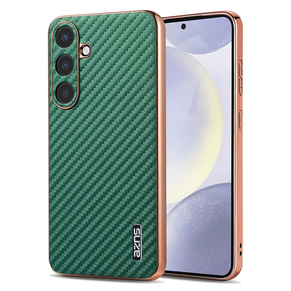 For Samsung Galaxy S25 5G AZNS Electroplated Edge Carbon Fiber Texture Phone Case(Green)