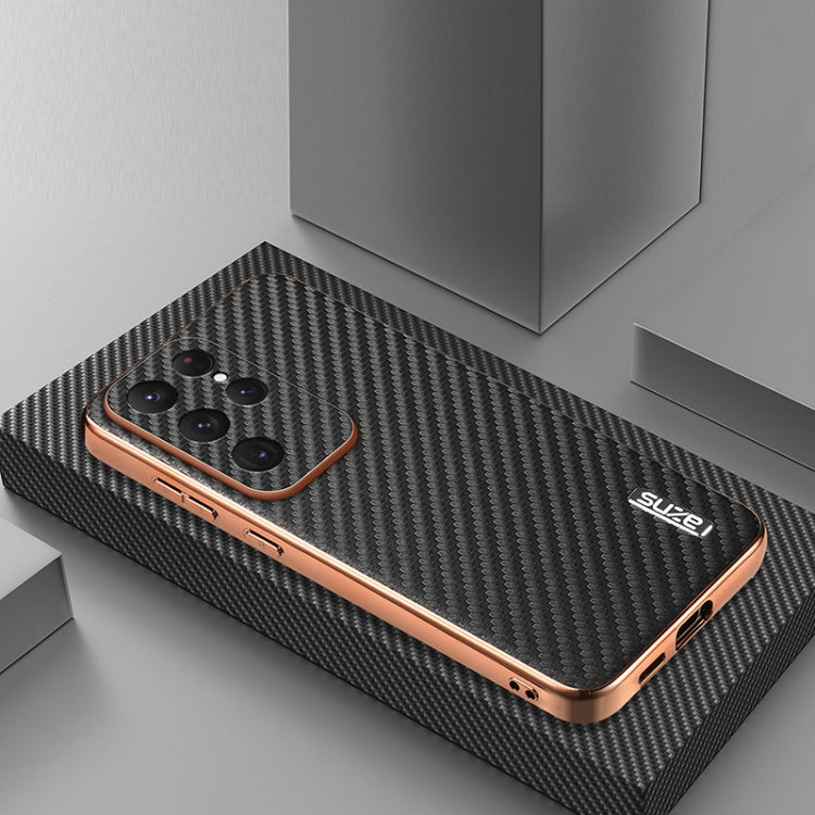 For Samsung Galaxy S25 Ultra 5G AZNS Electroplated Edge Carbon Fiber Texture Phone Case(Black)