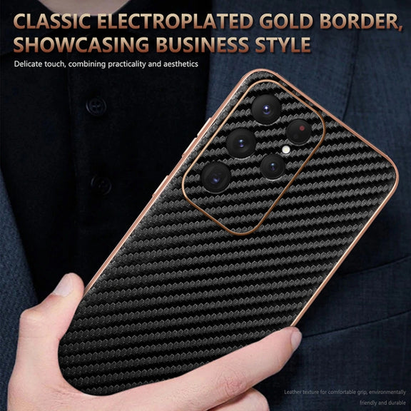 For Samsung Galaxy S25 Ultra 5G AZNS Electroplated Edge Carbon Fiber Texture Phone Case(Brown)