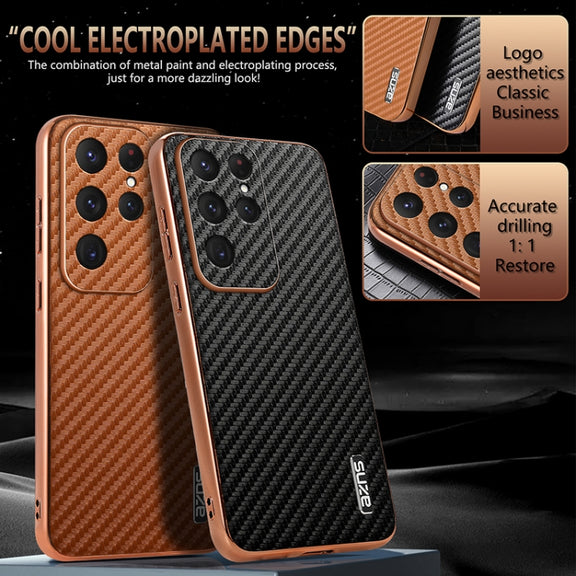 For Samsung Galaxy S25 Ultra 5G AZNS Electroplated Edge Carbon Fiber Texture Phone Case(Blue)
