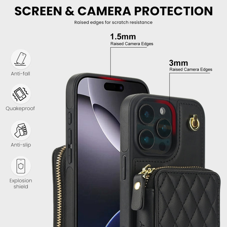 For iPhone 16 Pro Max AwQuer Crossbody Zipper Wallet Rhombic Leather Back Phone Case(Black)