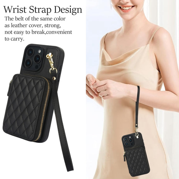 For iPhone 16 Pro Max AwQuer Crossbody Zipper Wallet Rhombic Leather Back Phone Case(Black)