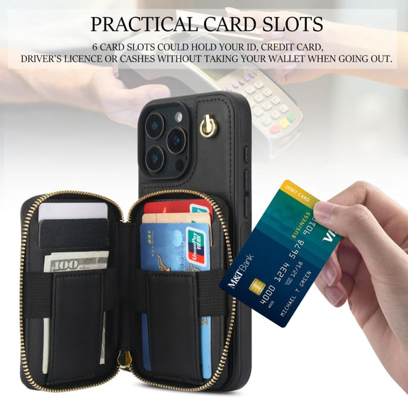 For iPhone 16 Pro Max AwQuer Crossbody Zipper Wallet Rhombic Leather Back Phone Case(Black)
