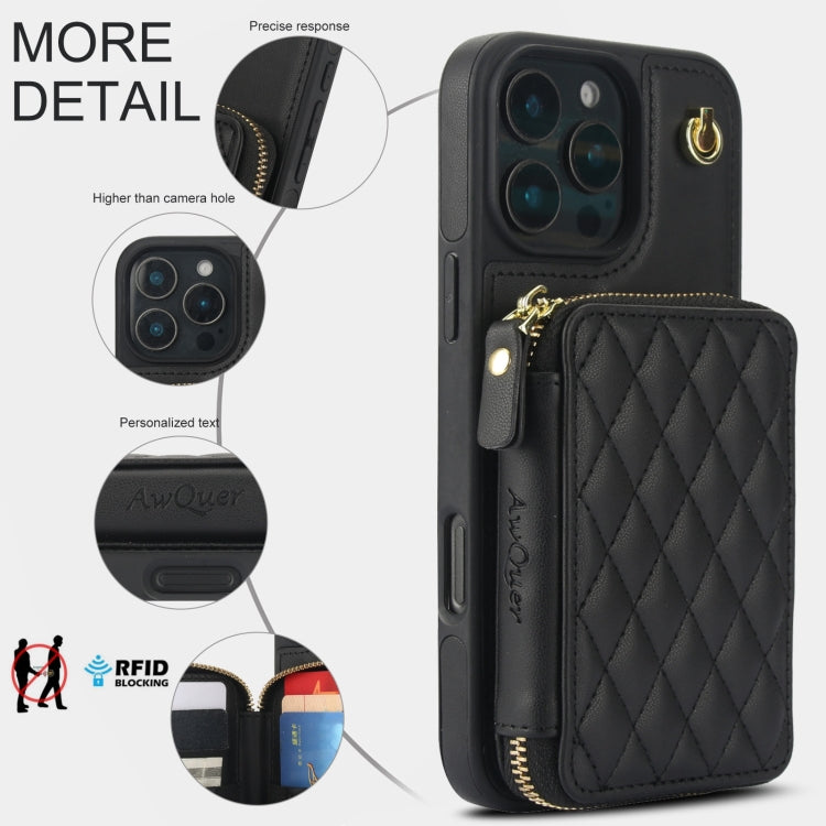 For iPhone 16 Pro Max AwQuer Crossbody Zipper Wallet Rhombic Leather Back Phone Case(Black)
