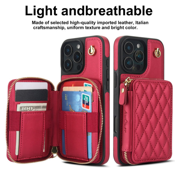 For iPhone 16 Pro Max AwQuer Crossbody Zipper Wallet Rhombic Leather Back Phone Case(Red)