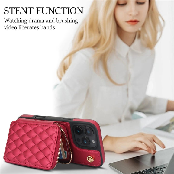 For iPhone 16 Pro Max AwQuer Crossbody Zipper Wallet Rhombic Leather Back Phone Case(Red)