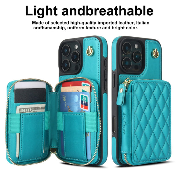 For iPhone 16 Pro Max AwQuer Crossbody Zipper Wallet Rhombic Leather Back Phone Case(Green)