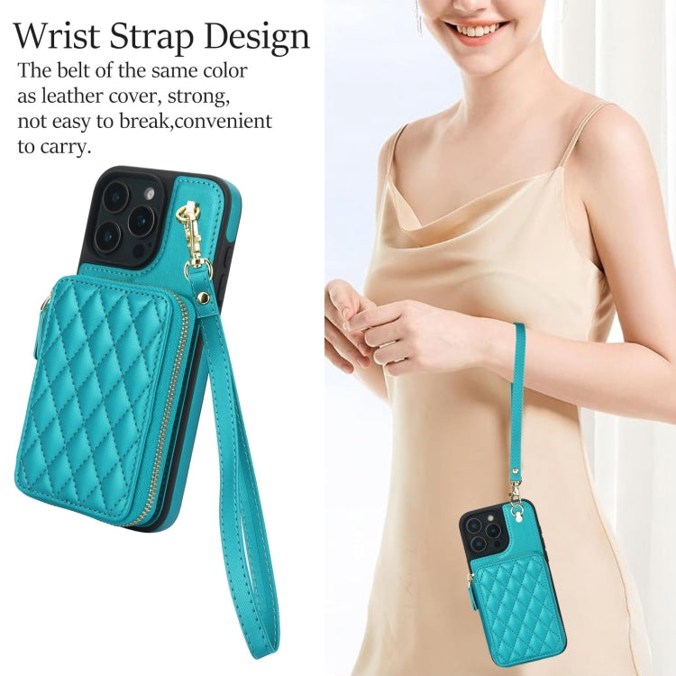 For iPhone 16 Pro Max AwQuer Crossbody Zipper Wallet Rhombic Leather Back Phone Case(Green)