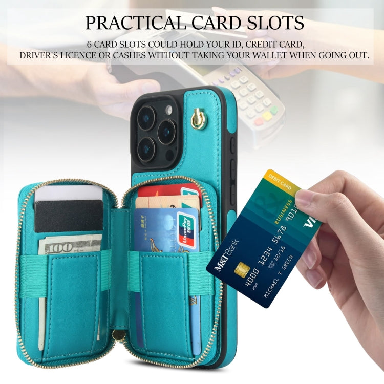 For iPhone 16 Pro Max AwQuer Crossbody Zipper Wallet Rhombic Leather Back Phone Case(Green)