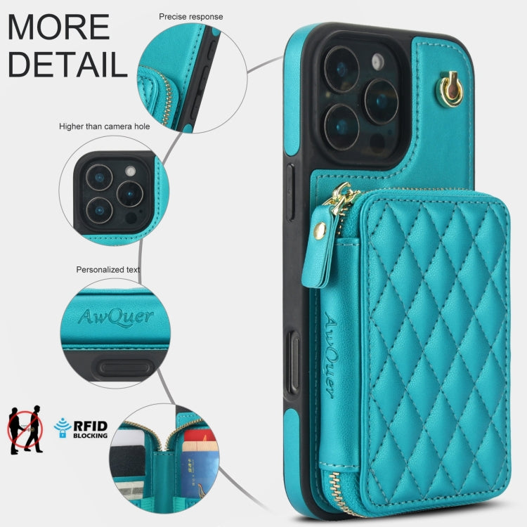 For iPhone 16 Pro Max AwQuer Crossbody Zipper Wallet Rhombic Leather Back Phone Case(Green)