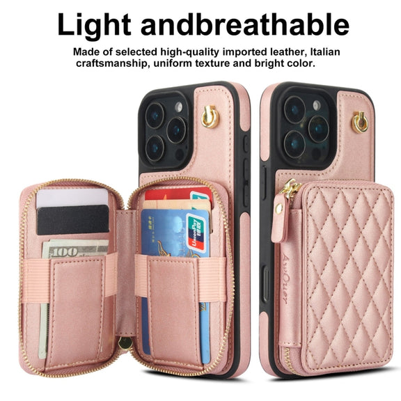 For iPhone 16 Pro Max AwQuer Crossbody Zipper Wallet Rhombic Leather Back Phone Case(Rose Gold)