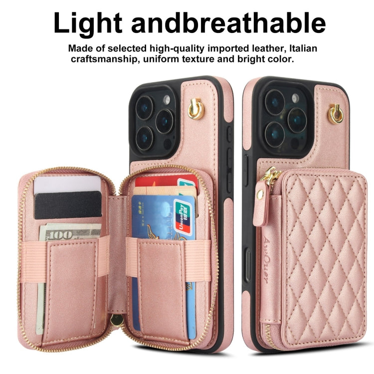 For iPhone 16 Pro Max AwQuer Crossbody Zipper Wallet Rhombic Leather Back Phone Case(Rose Gold)