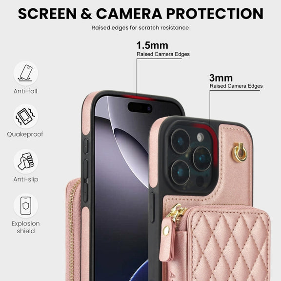 For iPhone 16 Pro Max AwQuer Crossbody Zipper Wallet Rhombic Leather Back Phone Case(Rose Gold)