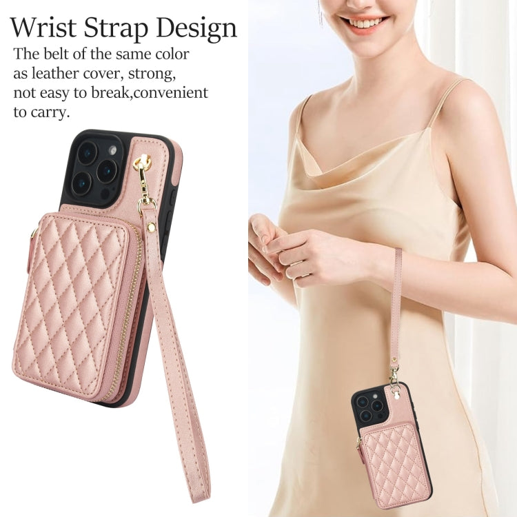 For iPhone 16 Pro Max AwQuer Crossbody Zipper Wallet Rhombic Leather Back Phone Case(Rose Gold)