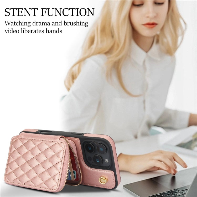 For iPhone 16 Pro Max AwQuer Crossbody Zipper Wallet Rhombic Leather Back Phone Case(Rose Gold)