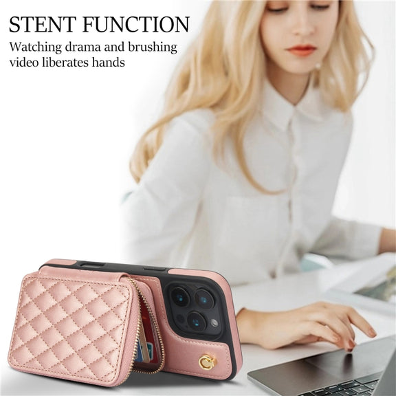 For iPhone 16 Pro Max AwQuer Crossbody Zipper Wallet Rhombic Leather Back Phone Case(Rose Gold)