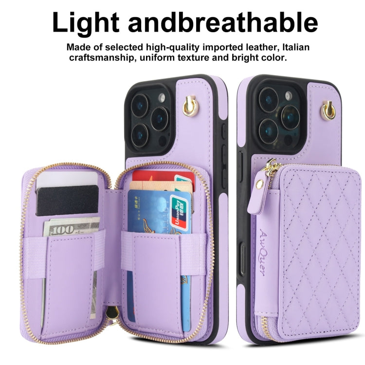 For iPhone 16 Pro Max AwQuer Crossbody Zipper Wallet Rhombic Leather Back Phone Case(Purple)