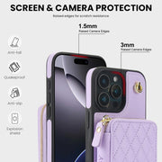 For iPhone 16 Pro Max AwQuer Crossbody Zipper Wallet Rhombic Leather Back Phone Case(Purple)