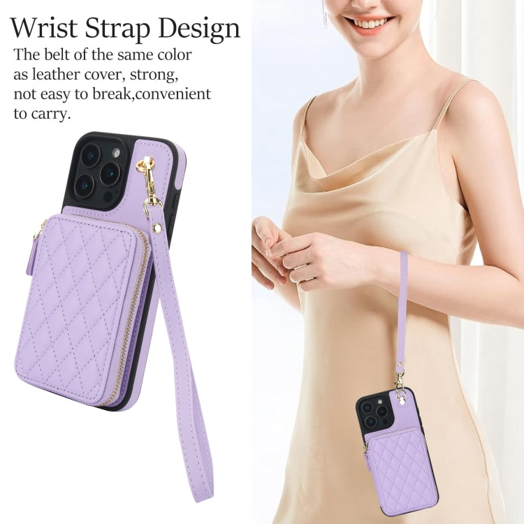 For iPhone 16 Pro Max AwQuer Crossbody Zipper Wallet Rhombic Leather Back Phone Case(Purple)