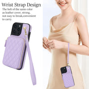 For iPhone 16 Pro Max AwQuer Crossbody Zipper Wallet Rhombic Leather Back Phone Case(Purple)