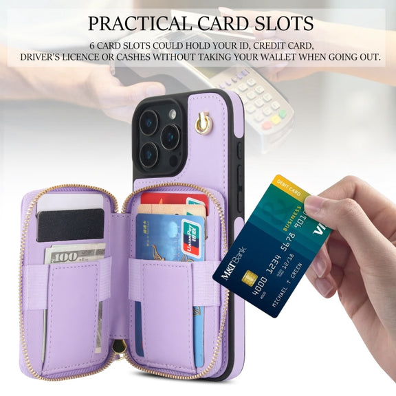 For iPhone 16 Pro Max AwQuer Crossbody Zipper Wallet Rhombic Leather Back Phone Case(Purple)
