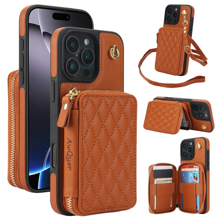 For iPhone 16 Pro Max AwQuer Crossbody Zipper Wallet Rhombic Leather Back Phone Case(Brown)