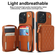 For iPhone 16 Pro Max AwQuer Crossbody Zipper Wallet Rhombic Leather Back Phone Case(Brown)